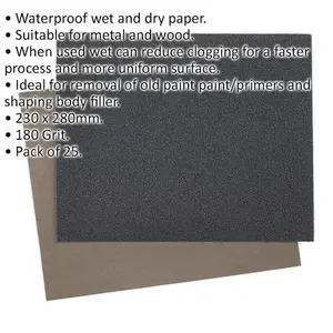 25 Pack Waterproof Wet & Dry Sandpaper - 230x280mm - 180 Grit for Metal and Wood