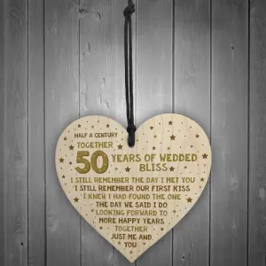 50th Wedding Anniversary Card Wood Heart Gift For Husband or Wife Thank You Keepsake Plaque