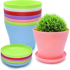 8-Pack 13.5cm Small Plant Pots with Trays & Drainage Holes - Colourful Flower Pots for Indoor & Outdoor Use