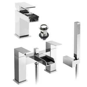 Chrome Waterfall Basin & Bath Shower Mixer Tap Pack Including Bath Waste