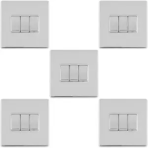 5 PACK 3 Gang Triple Light Switch SCREWLESS POLISHED CHROME 2 Way 10A Rocker