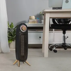 Russell Hobbs Electric Tower Heater 2000W Retro Black with Scandi Wood Effect RHRETFH1002WDB