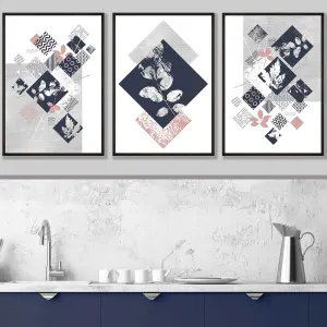 Set of 3 Graphical Abstract Floral Blue Grey Wall Art Prints / 30x42cm (A3) / Black Frame