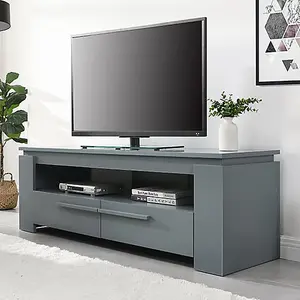 Portland TV Stand With Storage for Living Room and Bedroom, 1400 Wide, Two Drawers Storage, Media Storage, Grey Finish