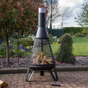 Black Miami Chimenea - Metal Outdoor Garden Patio Log Wood Burner Fire Pit Bowl with Stainless-Steel Flue Cap - Small, H125 x 50cm