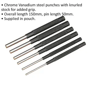 6 Piece Parallel Pin Punch Set - Knurled Barrel Grip - 150mm - Chromed Steel