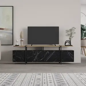 Decortie Hanley Modern TV Unit Multimedia Centre Black Marble Effect Oak Effect With Storage TV Cabinet 160cm