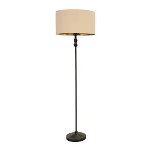 ValueLights Maggie Black Metal Candlestick Floor Lamp with Beige and Metallic Gold Shade and LED Bulb