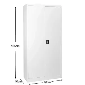 White Stainless Steel Filing cabinet with 4 shelves - 2 Door Lockable Filing Cabinet - Tall Metal Office Storage Cupboard