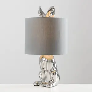 ValueLights Lepus Modern Chrome Ceramic Rabbit/Hare Table Lamp with Grey Shade - Includes 4w LED Bulb 3000K Warm White