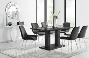 Imperia Black High Gloss 6 Seater Dining Table with Structural 2 Plinth Column Legs 6 Black Velvet Silver Leg Pesaro Chairs