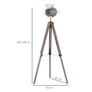 HOMCOM Industrial Tripod Floor Lamp Wood Height Adjustable Spotlight Bronze