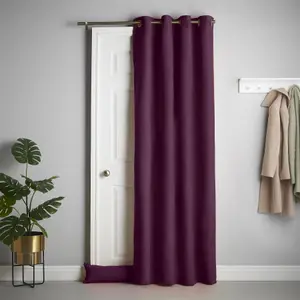 Velvet Chenille Thermal Fleece Lined Ring Top Door Curtain 137cm x 213cm Aubergine