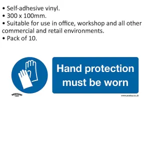 10 Pack of Self-Adhesive Hand Protection Safety Signs - 300 x 100mm