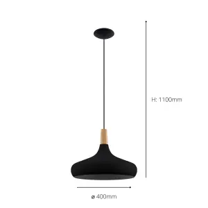 EGLO Sabinar IP20 Black Steel and Wood Pendant Light - Scandinavian Design, E27 (D) 40cm