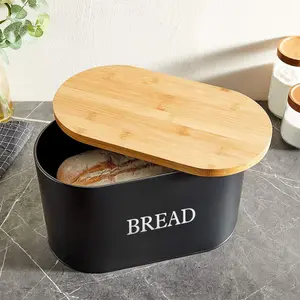 VonShef Bread Bin with Bamboo Lid for Cutting/Chopping Bread Board - Matte Black Bread storage box - Bread Holder Tin for Kitchen