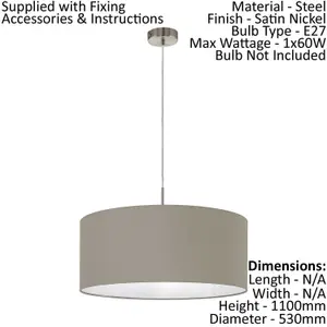 Ceiling Pendant Light & 2x Matching Wall Lights Satin Nickel Taupe Fabric Shade