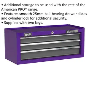 Purple 3 Drawer MID-BOX Tool Chest - Lockable Storage Cabinet 605mm x 260mm x 250mm