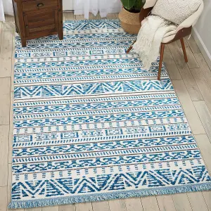 Ivory Blue Modern Shaggy Geometric Moroccan Dining Room Bedroom & Living Room Rug-160cm X 221cm