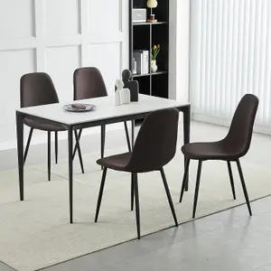 Set of 4 Brown Linen Fabric Dining Chairs with Upholstered Seat and Metal Legs-Bella