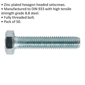 50-Pack M8 x 40mm Zinc Grade 8.8 Fully Threaded Setscrews - DIN 933