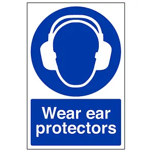 Wear Ear Protectors Mandatory PPE Sign - Rigid Plastic - 200x300mm (x3)