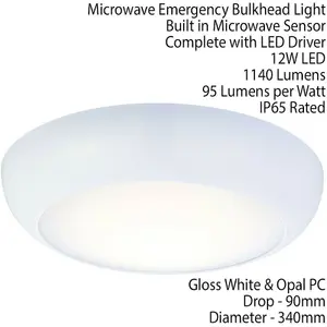 LED Ceiling Light Microwave Sensor & Emergency 12W Cool White IP65 Bathroom