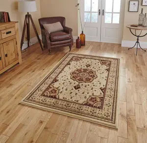 Cream Red Traditional Easy to Clean Bordered Floral Rug For Dining Room-80cm X 140cm