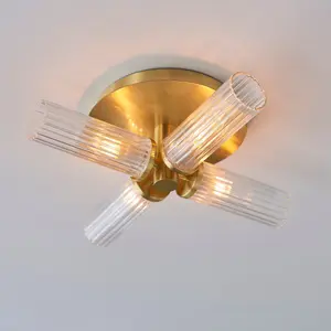 Luminosa Talo Bathroom Multi Arm Glass Semi Flush Ceiling Lamp, Satin Brass Plate, Ribbed Glass, IP44