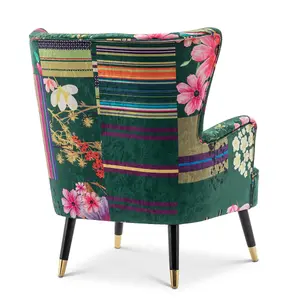 Fabric Green Patchwork Victoria Accent Wingback Chair with Footstool