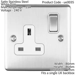 1 Gang Single UK Plug Socket SATIN STEEL 13A Switched White Trim Power Outlet