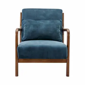 sweeek. Scandi-style armchair in velvet and light walnut-stained hevea wood Lorens velvet Petrol Blue 65x80x79 cm