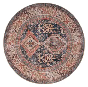 Distressed Navy Terracotta Persian Style Washable Non Slip Round Mat 180x180cm