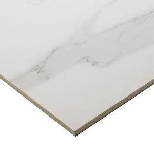 Ultimate White Gloss Marble effect Porcelain Indoor Floor Tile, Pack of 3, (L)595mm (W)595mm