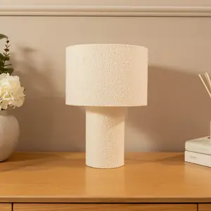 ValueLights Ash Natural Cream Boucle Bedside Table Lamp with a Drum Lampshade - Bulb Included