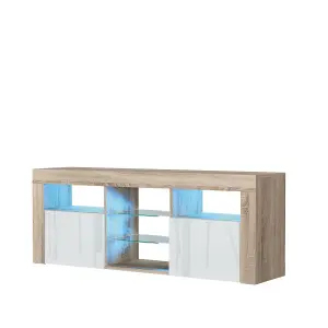 Pulse TV Unit 145cm Oak and White High Gloss Doors with LED Lighting - Creative Furniture