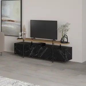 Decortie Hanley Modern TV Unit Multimedia Centre Black Marble Effect Oak Effect With Storage TV Cabinet 160cm