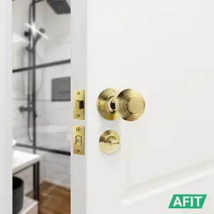 AFIT Beehive Door Knob Set Polished Brass - 1 Pair of Reeded Knobs (55mm), Latch & Deadbolt (76mm), Hinges (76mm) & Turn & Release