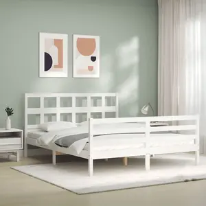 Berkfield Bed Frame with Headboard White King Size Solid Wood