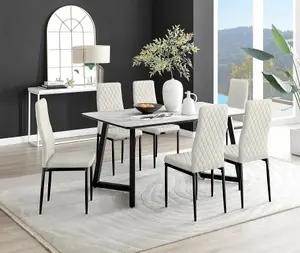 Furniturebox UK Carson White Marble Effect Dining Table & 6 Cream Velvet Milan Black Leg Chairs