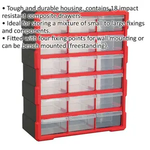 Durable 18 Drawer Parts Cabinet in Red - Wall Mounted or Freestanding Storage Solution