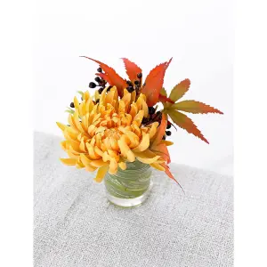 Bloom Artificial Faux Realistic Chrysanthemum Flower Arrangement in Glass Vase - Flower of the Month November - Measures H10cm