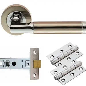 Door Handle & Latch Pack - Chrome & Nickel Straight Bar Screwless Round Rose Kit