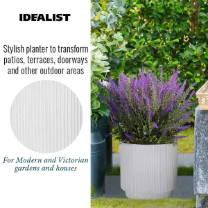 IDEALIST 37cm Round Planter with Drainage Holes, Ribbed White Reinforced Stone Cylinder Outdoor Plant Pot D37 H37 cm, 31.7L