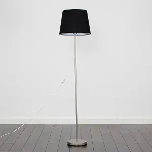 ValueLights Modern Standard Floor Lamp In Brushed Chrome Metal Finish With Black Tapered Shade