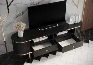  New York 181cm TV Cabinet in Sleek Black - Spacious Entertainment Unit with Ribbed Fronts and Metal Accents