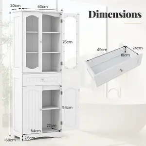 COSTWAY 160cm Tall Bathroom Cabinet Freestanding Kitchen Pantry Cabinet with 2 Glass Doors