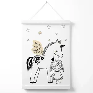 Scandi Princess Little Girl and Pegasus Poster with Hanger / 33cm / White