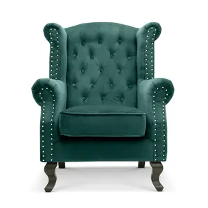 Velvet Wing Back Fireside Henley Chair Armchair with Buttons Bottle Green