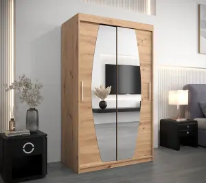 Elypse Contemporary 2 Mirrored Sliding Door Wardrobe 5 Shelves 2 Rails Artisan Oak Effect (H)2000mm (W)1200mm (D)620mm